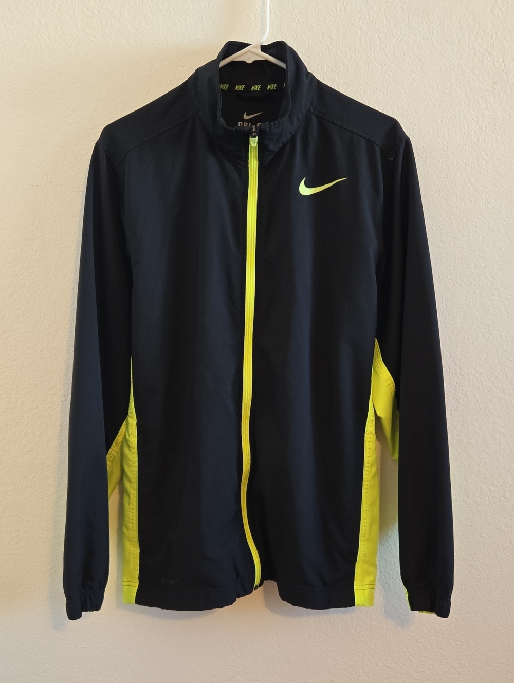 Nike Black Dri-Fit Jacket with Neon Yellow Accents - Medium